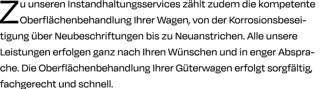 Zu unseren Instandhaltungsservices z hlt zudem die kompetente Oberfl chenbehandlung Ihrer Wagen, von der Korrosionsbe...