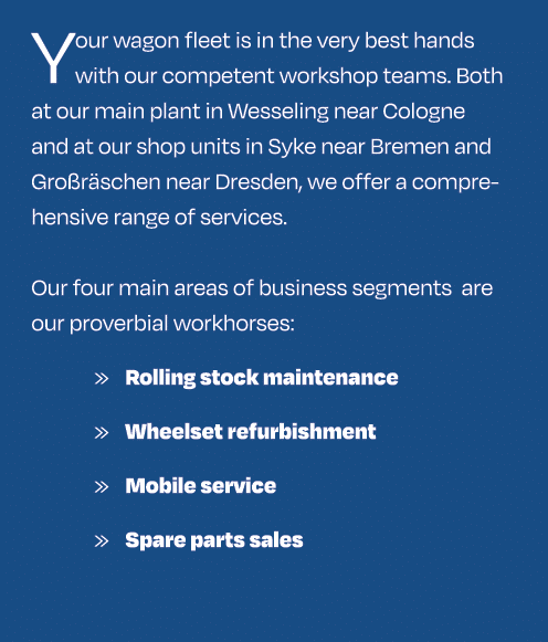 Your wagon fleet is in the very best hands with our competent workshop teams. Both at our main plant in Wesseling nea...