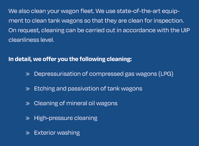 We also clean your wagon fleet. We use state of the art equipment to clean tank wagons so that they are clean for ins...