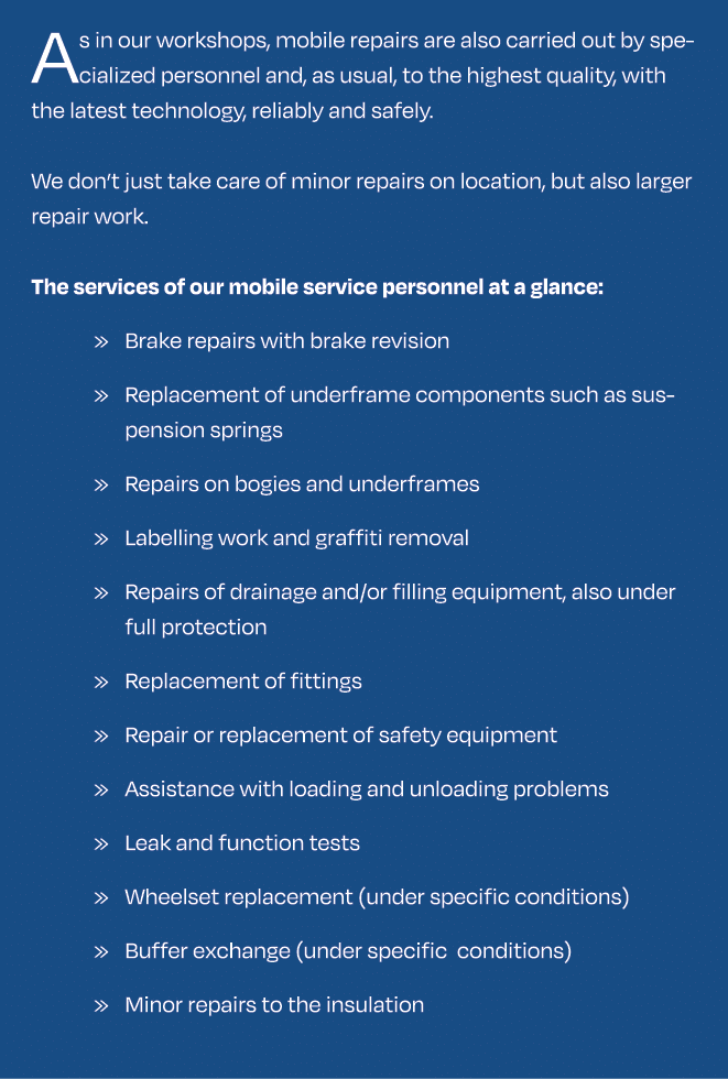 As in our workshops, mobile repairs are also carried out by specialized personnel and, as usual, to the highest quali...