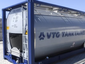 Gray tank container with VTG logo in a blue frame.