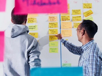 Two employees placing sticky-notes on a whiteboard 