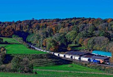 Whole VTG train in front of a forest on a small mountain.