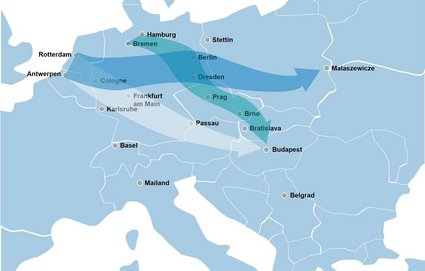 Map of Europe with transport corridors drawn in