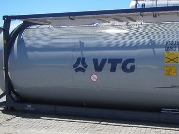 Gray tank container with blue VTG logo.