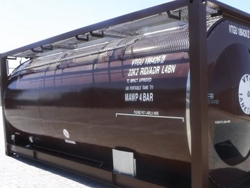 Black tank container with white writing in a black frame.