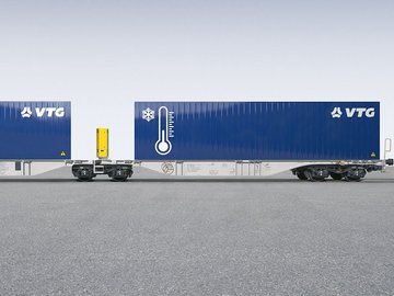 Gray wagon with yellow electric module and two blue containers.