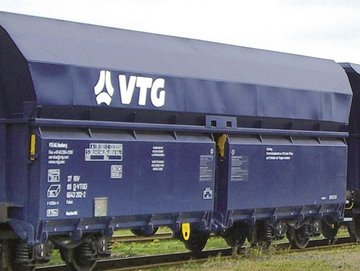 Blue hopper car with white VTG logo.