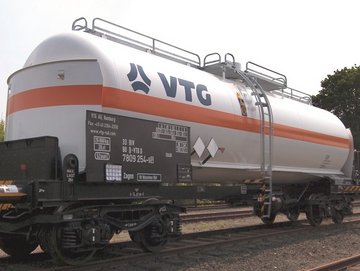 White liquid gas tank car with orange stripe.