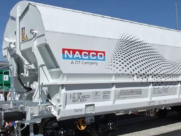 White hopper car with blue and red logo.